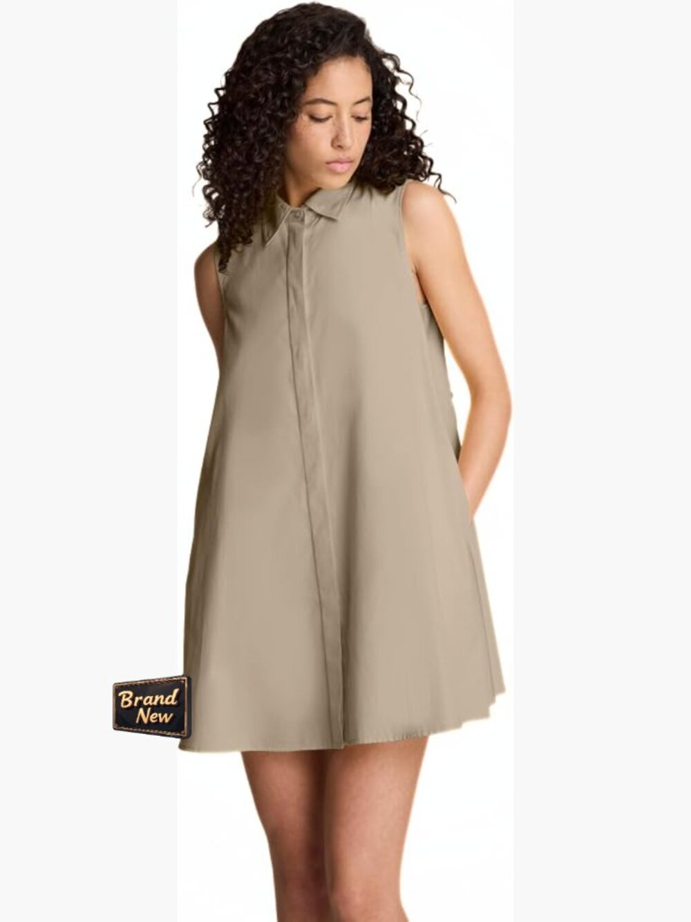 Sleeveless Trapeze Mini Dress Cotton Poplin Collared Button Business Casual